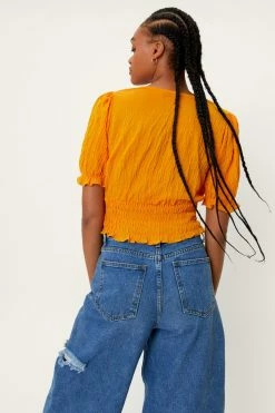 Shirred Puff Sleeve Crop Top -Nasty Gal Sales Store Sales womens orange shirred puff sleeve crop top 2