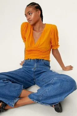Shirred Puff Sleeve Crop Top -Nasty Gal Sales Store Sales womens orange shirred puff sleeve crop top 3