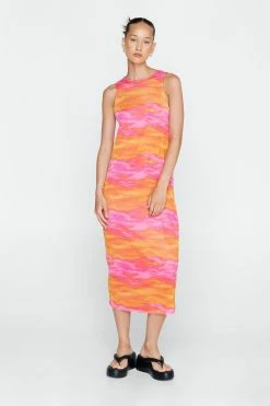 Tie Dye Mesh Sleeveless Midi Dress -Nasty Gal Sales Store Sales womens orange tie dye mesh sleeveless midi dress 3