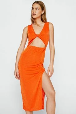 Twist Front Disco Slinky Midi Dress -Nasty Gal Sales Store Sales womens orange twist front disco slinky midi dress 3
