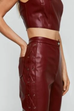 Faux Leather Lace Up Flared Pants -Nasty Gal Sales Store Sales womens oxblood faux leather lace up side flare pants 2