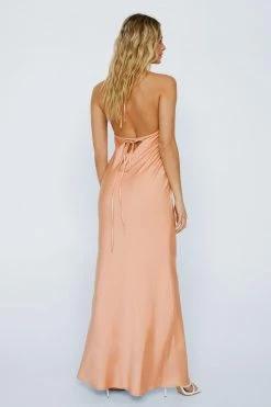 Satin Tie Shoulder Bias Maxi Dress -Nasty Gal Sales Store Sales womens peach satin tie shoulder bias maxi dress 6