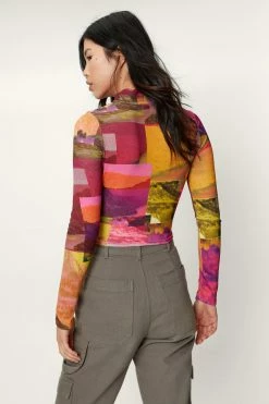 Abstract Landscape Print Mesh Top -Nasty Gal Sales Store Sales womens pink abstract landscape print mesh top 2