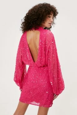 Balloon Sleeve Sequin Embellished Mini Dress 12 Balloon Sleeve Sequin Embellished Mini Dress -Nasty Gal Sales Store Sales womens pink balloon sleeve sequin embellished mini dress 2