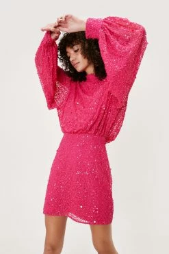 Balloon Sleeve Sequin Embellished Mini Dress 19 Balloon Sleeve Sequin Embellished Mini Dress -Nasty Gal Sales Store Sales womens pink balloon sleeve sequin embellished mini dress 3