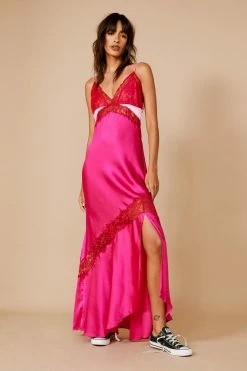 Nasty Gal Sales Store Sales -Nasty Gal Sales Store Sales womens pink contrast lace trim satin maxi slip dress 1