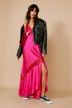Contrast Lace Trim Satin Maxi Slip Dress -Nasty Gal Sales Store Sales womens pink contrast lace trim satin maxi slip dress 3