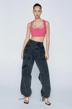 Diamante Trim Twill Crop Top