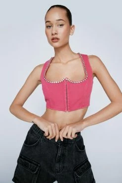 Diamante Trim Twill Crop Top 7 Diamante Trim Twill Crop Top -Nasty Gal Sales Store Sales womens pink diamante trim twill crop top 3