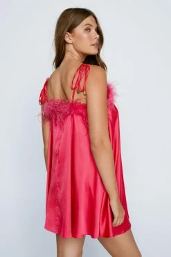 Feather Trim Satin Nighty Slip Dress -Nasty Gal Sales Store Sales womens pink feather trim satin nighty slip dress 1