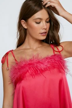 Feather Trim Satin Nighty Slip Dress