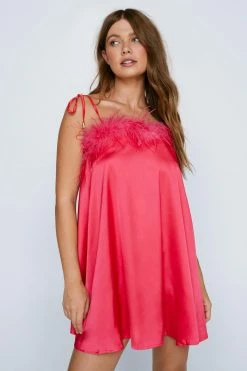 Feather Trim Satin Nighty Slip Dress -Nasty Gal Sales Store Sales womens pink feather trim satin nighty slip dress 9
