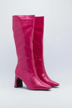 Knee High Faux Leather Heeled Boots -Nasty Gal Sales Store Sales womens pink knee high faux leather heeled boots 1 2