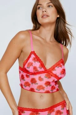 Alternative view of Mesh Rose Print Lace Trim Crop & Boy Short Set