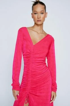 Petite Ruched Front Long Sleeve Midi Dress