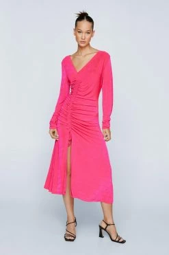 Petite Ruched Front Long Sleeve Midi Dress -Nasty Gal Sales Store Sales womens pink petite ruched front long sleeve midi dress 3