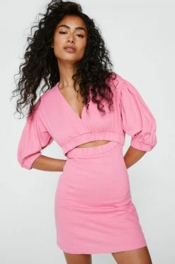 Puff Sleeve V-Neckline Mini Dress 7 Puff Sleeve V-Neckline Mini Dress -Nasty Gal Sales Store Sales womens pink puff sleeve v neckline mini dress 3
