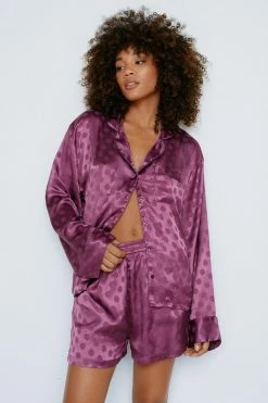 Satin Polka Dot Jacquard Pj Short Set -Nasty Gal Sales Store Sales womens plum satin polka dot jacquard pj short set 3