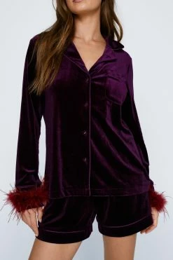 Contrast Feather Trim Velvet Pajama Short Set 6 Contrast Feather Trim Velvet Pajama Short Set -Nasty Gal Sales Store Sales womens purple contrast feather trim velvet pajama short set 2