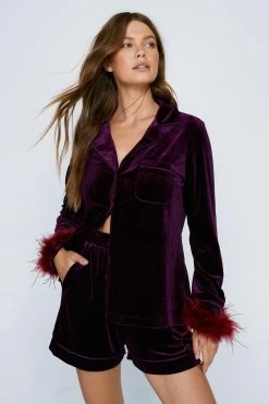 Contrast Feather Trim Velvet Pajama Short Set 7 Contrast Feather Trim Velvet Pajama Short Set -Nasty Gal Sales Store Sales womens purple contrast feather trim velvet pajama short set 3