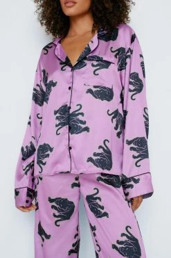 Panther Print Satin Long Pajama Set