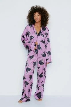 Panther Print Satin Long Pajama Set 7 Panther Print Satin Long Pajama Set -Nasty Gal Sales Store Sales womens purple panther print satin long pajama set 3