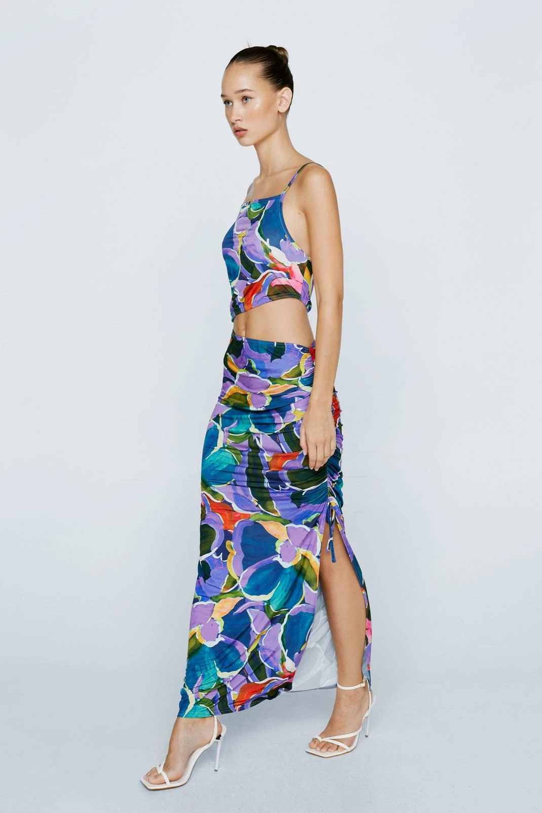 Petite Slinky Cut Out Ruche Side Floral Midi Dress 2 Petite Slinky Cut Out Ruche Side Floral Midi Dress - Image 2