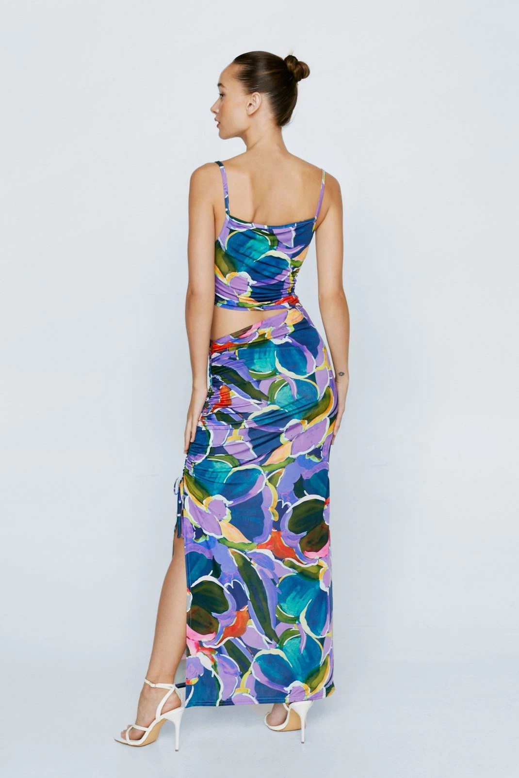 Petite Slinky Cut Out Ruche Side Floral Midi Dress 3 Petite Slinky Cut Out Ruche Side Floral Midi Dress - Image 3