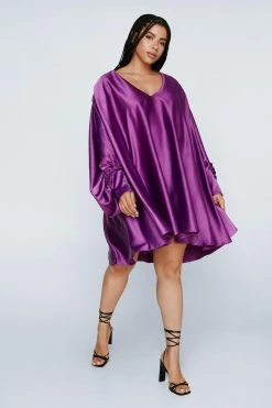 Plus Size Satin Batwing Swing Mini Dress -Nasty Gal Sales Store Sales womens purple plus size satin batwing swing mini dress 6