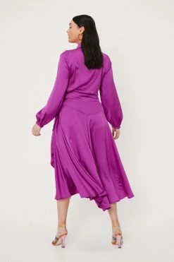 Plus Size Satin Wrap Midi Dress -Nasty Gal Sales Store Sales womens purple plus size satin long sleeve midi dress 2