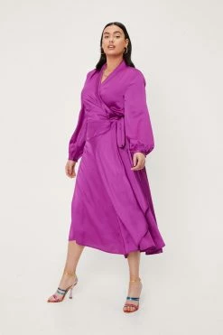 Plus Size Satin Wrap Midi Dress