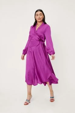 Plus Size Satin Wrap Midi Dress -Nasty Gal Sales Store Sales womens purple plus size satin long sleeve midi dress 3