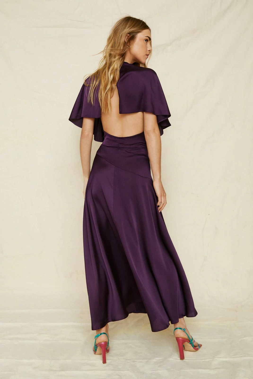 Satin Angel Sleeve Tie Side Maxi Dress 2 Satin Angel Sleeve Tie Side Maxi Dress - Image 2
