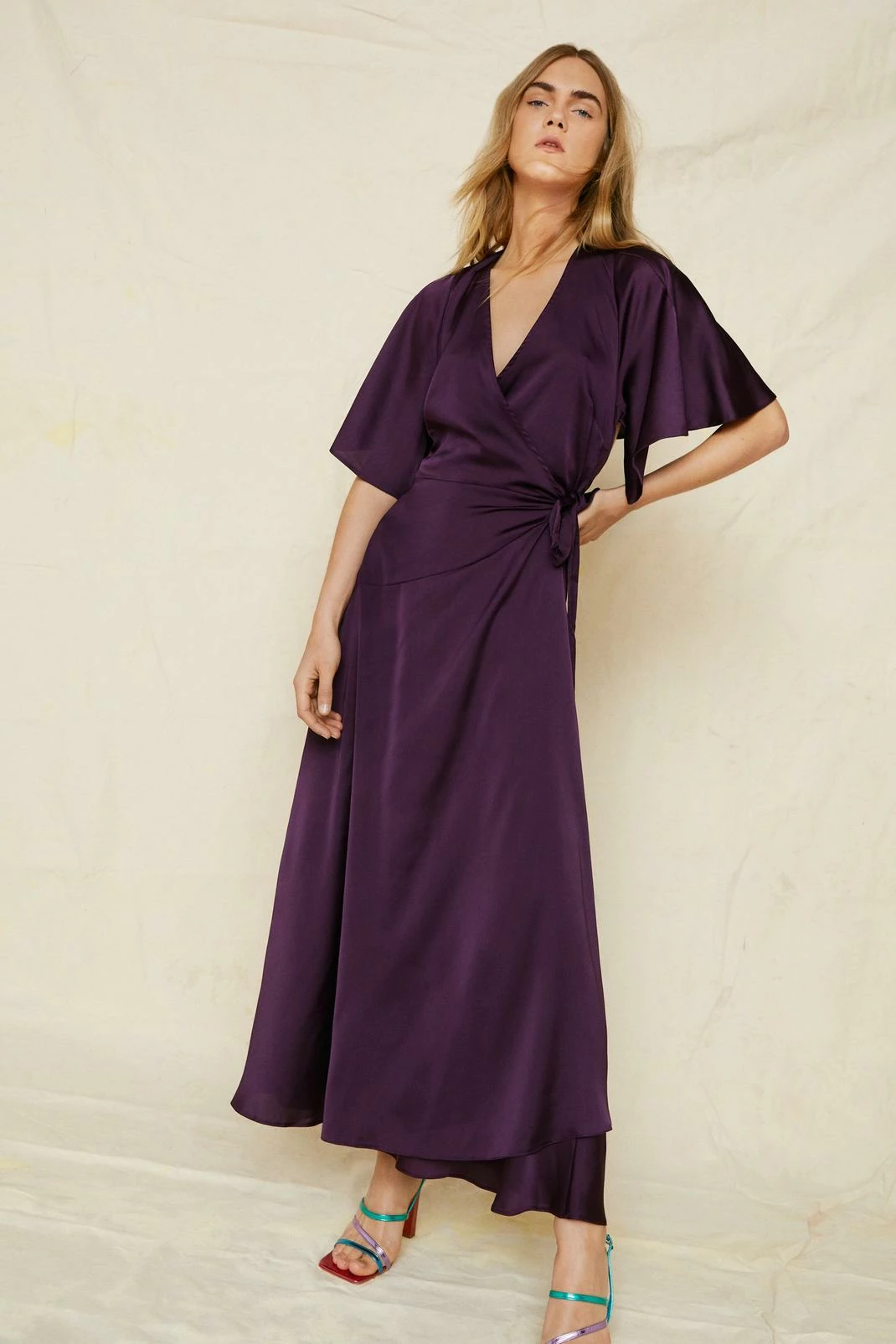 Satin Angel Sleeve Tie Side Maxi Dress 1 Satin Angel Sleeve Tie Side Maxi Dress