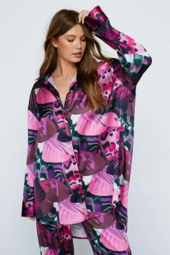 Satin Butterfly Print Oversized Pajama Pants Set