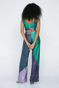 Sequin Color Block Wide Leg Pants -Nasty Gal Sales Store Sales womens purple sequin color block wide leg pants 2