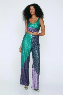 Sequin Color Block Wide Leg Pants -Nasty Gal Sales Store Sales womens purple sequin color block wide leg pants 3