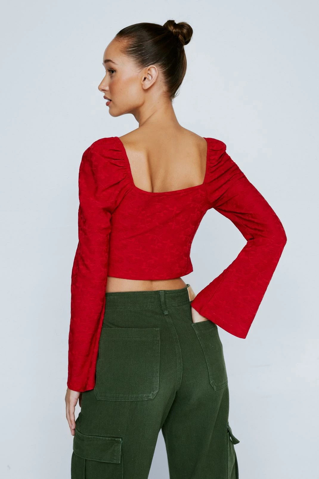 Petite Ruched Front Floral Textured Long Sleeve Top 3 Petite Ruched Front Floral Textured Long Sleeve Top - Image 3