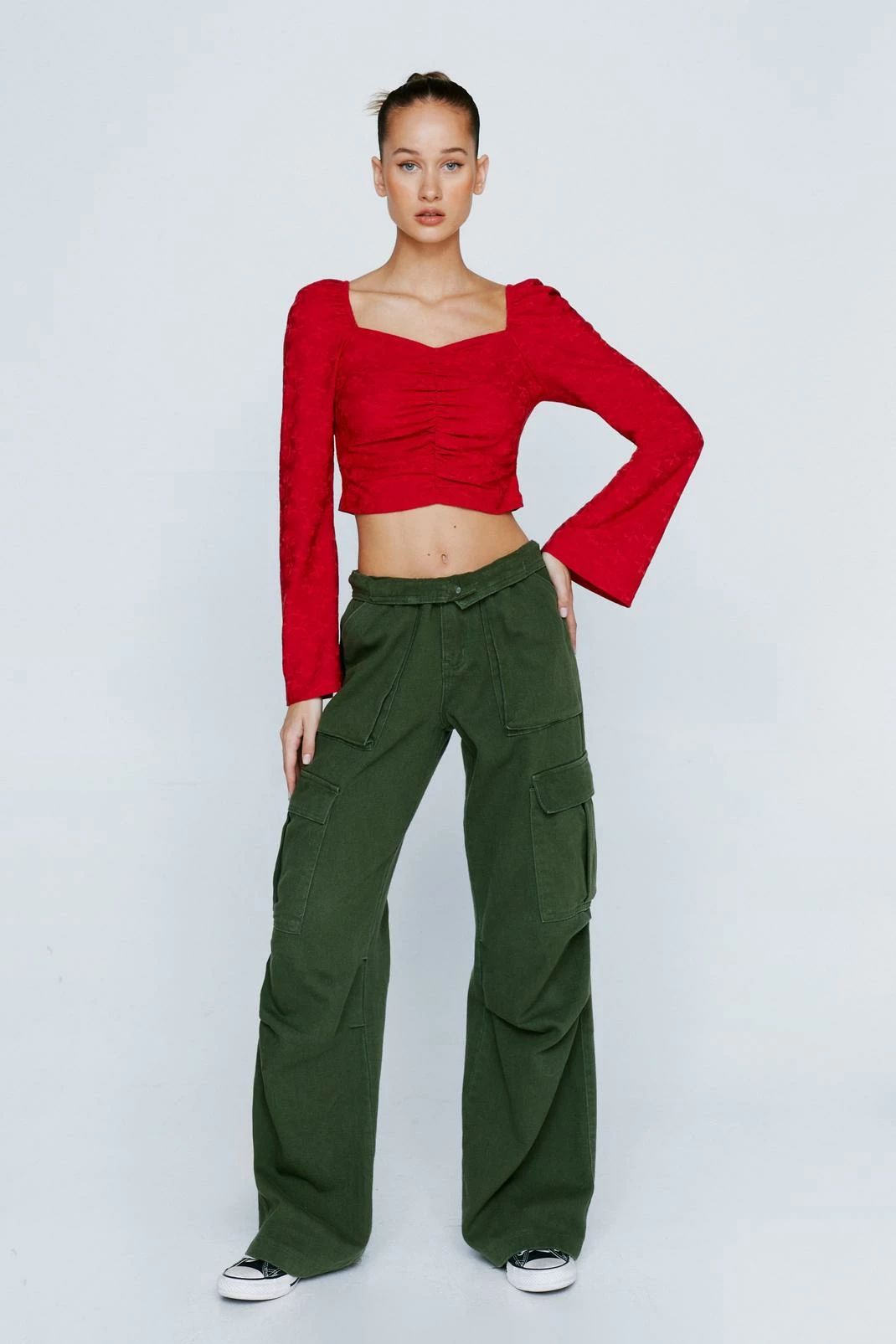 Petite Ruched Front Floral Textured Long Sleeve Top 1 Petite Ruched Front Floral Textured Long Sleeve Top