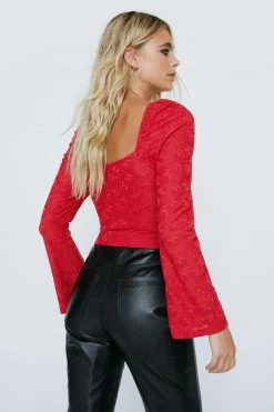 Ruched Front Floral Textured Long Sleeve Top -Nasty Gal Sales Store Sales womens red ruched front floral textured long sleeve top 2