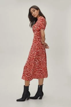 Sweetheart Neckline Animal Print Puff Sleeve Midi Dress -Nasty Gal Sales Store Sales womens red sweetheart neckline animal print puff sleeve midi dress