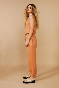 Jersey Slub Tie Waist Detail Jumpsuit -Nasty Gal Sales Store Sales womens rust jersey slub tie waist detail jumpsuit 1