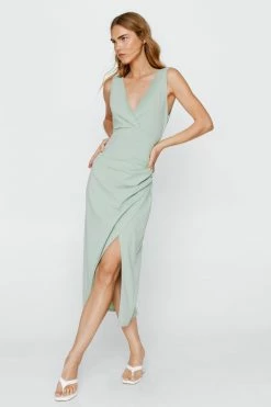 Ruched V Neck Midi Dress 13 Ruched V Neck Midi Dress -Nasty Gal Sales Store Sales womens sage ruched v neck midi dress 3