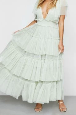 Tulle Tiered Plunge Maxi Dress -Nasty Gal Sales Store Sales womens sage tulle tiered plunge maxi dress