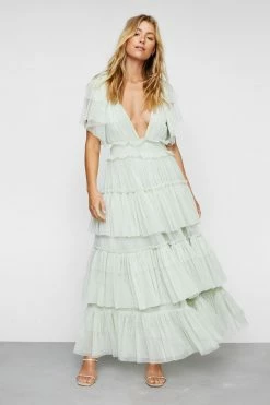 Tulle Tiered Plunge Maxi Dress -Nasty Gal Sales Store Sales womens sage tulle tiered plunge maxi dress 1 1