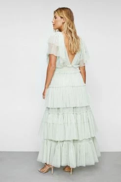 Tulle Tiered Plunge Maxi Dress -Nasty Gal Sales Store Sales womens sage tulle tiered plunge maxi dress 1 2