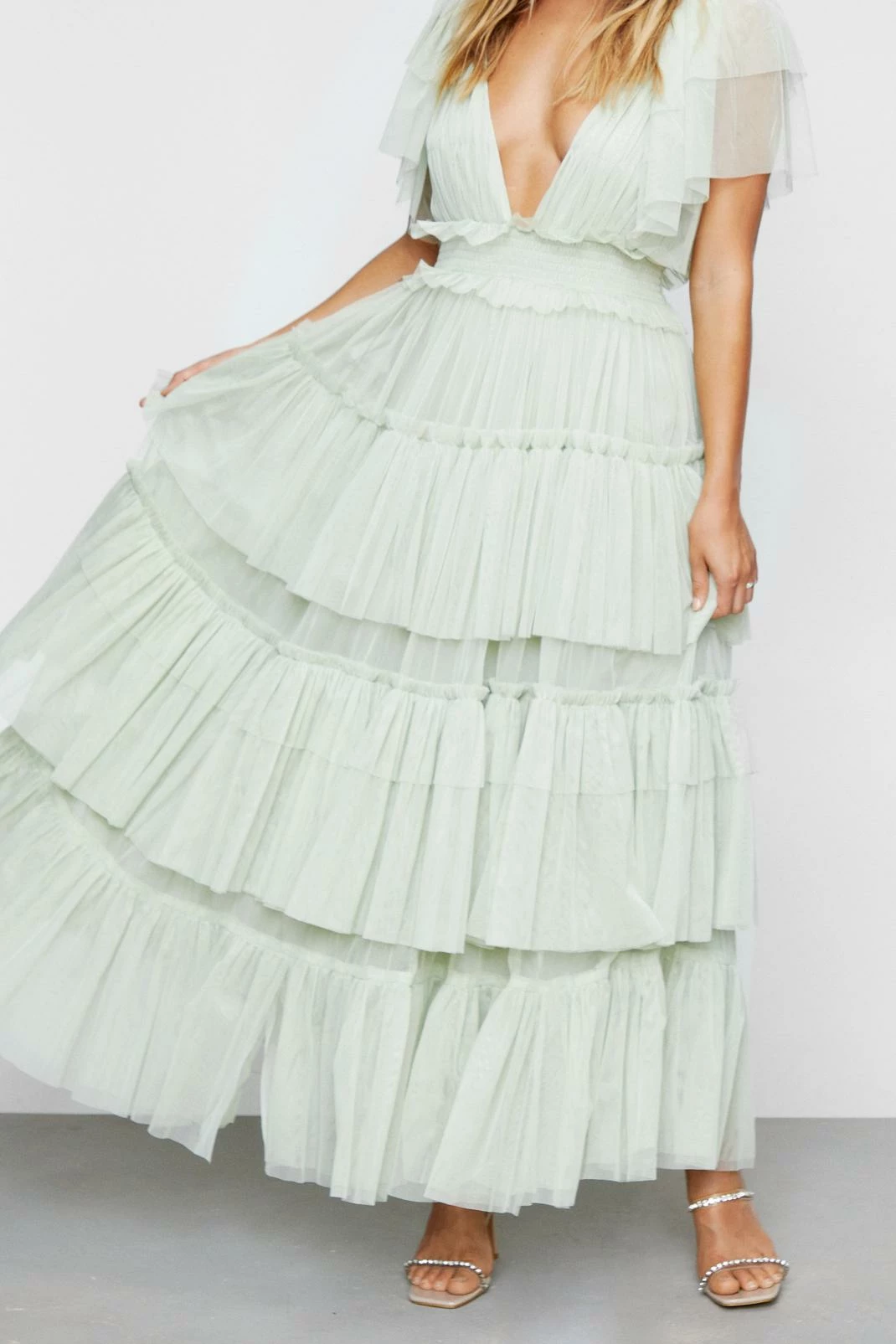 Tulle Tiered Plunge Maxi Dress 4 Tulle Tiered Plunge Maxi Dress - Image 4