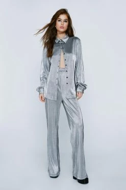 Metallic Plisse Wide Leg Pants -Nasty Gal Sales Store Sales womens silver metallic plisse wide leg pants 3