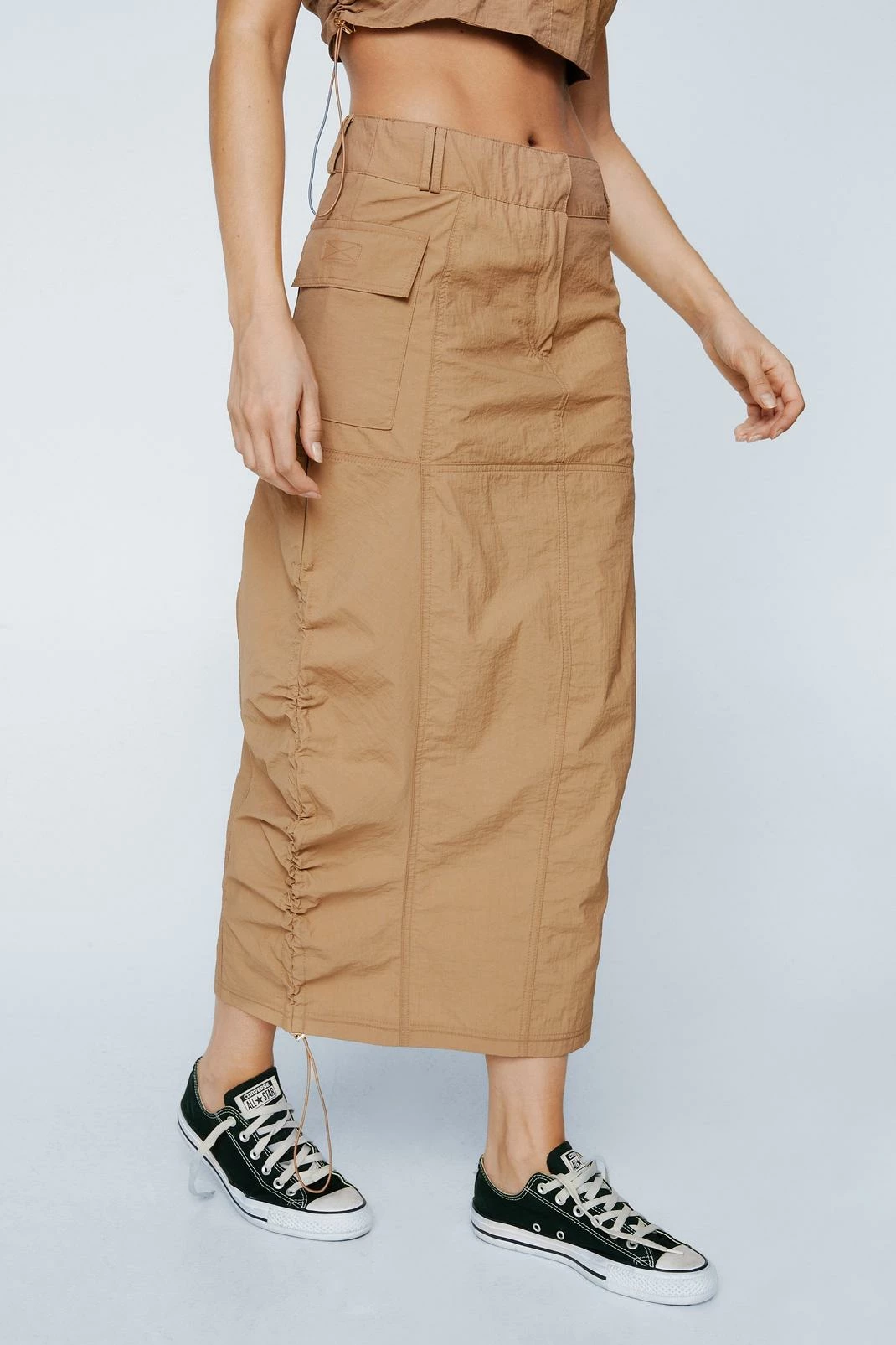 Nylon Ruched Detail Nylon Mid Rise Maxi Skirt 1 Nylon Ruched Detail Nylon Mid Rise Maxi Skirt