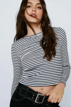Long Sleeve Fitted Striped T-shirt -Nasty Gal Sales Store Sales womens stripe long sleeve fitted striped t shirt 3
